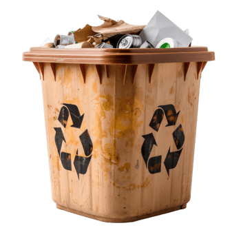 Brown Recycling Bin Filled with Various Types of Waste Materials and Trash Bags png