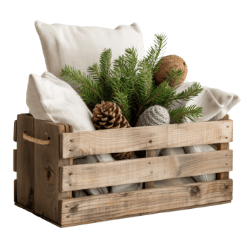Cozy Wooden Crate Filled with Natural Elements and Soft Textiles for Rustic Home Decor png