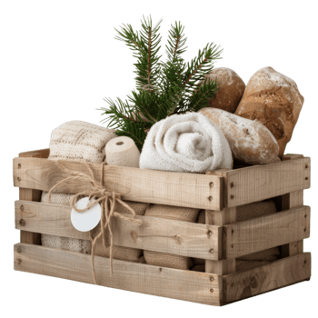 Rustic wooden crate filled with bread, towels, and greenery for natural home decor and gifts png