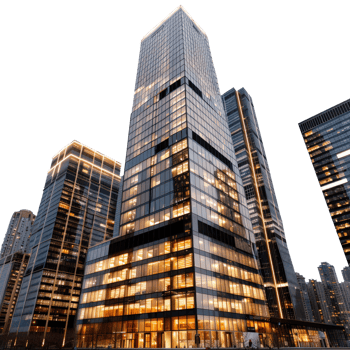 Modern Skyscraper with Glass Facade and Urban Cityscape at Sunset png