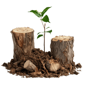 Fresh Green Plant Growing on Natural Wood Logs Surrounded by Soil and Organic Material png