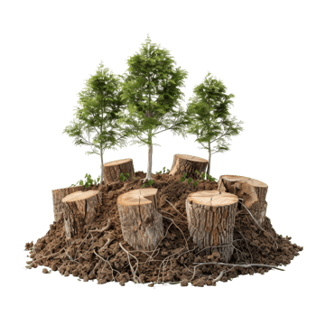 A slice of nature featuring tree stumps, soil, and small trees surrounded by lush greenery png