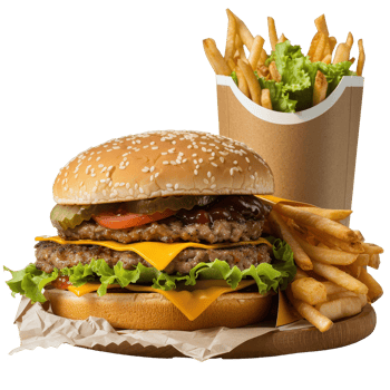 Juicy Hamburger with Cheese, Fresh Vegetables, French Fries, and Crispy Salad on Wooden Board png