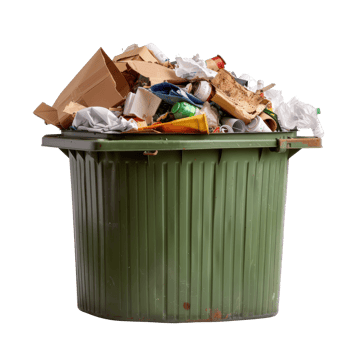 Overflowing Green Trash Bin Filled with Mixed Household Waste and Debris png