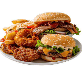 Delicious Spread of Fast Food Including Burgers, Fried Chicken, Fries, and Onion Rings png