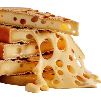 Gourmet Melted Cheese Stacks with Strings and Holes, Perfect for Delicious Dishes and Snacks png