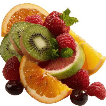 Freshly Cut Colorful Fruits Salad with Berries and Mint Garnish on a . png