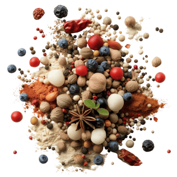 Colorful Variety of Spices and Herbs with Nuts and Berries on Dark Background for Cooking png