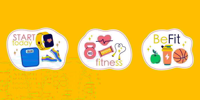 Stickers fitness, gym accessories, sport equipment of badge, label design with lettering vector