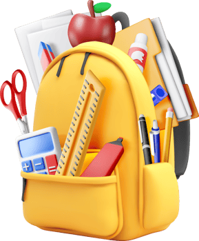 3D School backpack full of stationery items icon png