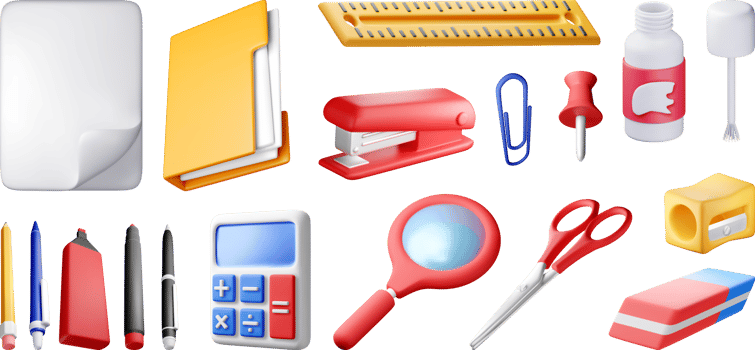 3D collection of stationery icons png