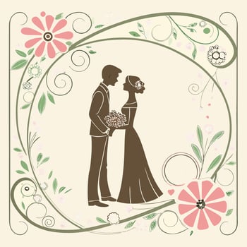 wedding card with a couple in silhouette, surrounded by floral design vector