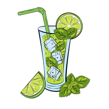 Fresh mojito cocktail doodle style. Glass, lime wedge, mint leaf, ice, drink straw. Illustration hand drawing style menu, restaurants, cafe, bar, poster, t-shirt. Design on white background vector