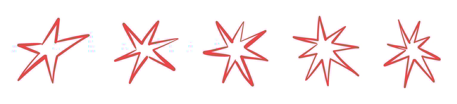 Abstract hand-drawn brush shapes with cute cartoon stars and playful scribbles. Colorful geometric doodle collage. Flat illustration isolated on white background. vector