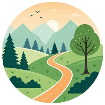 Serene landscape with winding road through green hills and mountains under a sunset sky png