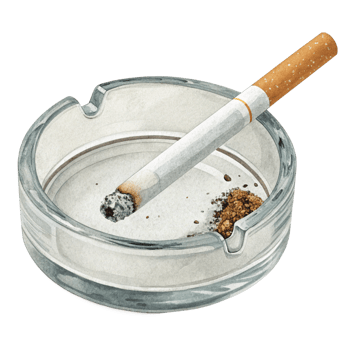 A Watercolor Painting of a Cigarette in a Glass Ashtray with Ashes png