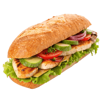Delicious Grilled Chicken Sandwich with Fresh Vegetables and Cheese on a Crusty Roll png