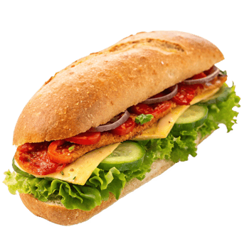 Delicious Chicken Sandwich with Tomatoes Cucumbers Red Onion and Cheese on a Crusty Roll png
