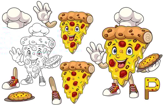 Collection of cute pizza mascot cartoon shapes in coloring book style vector