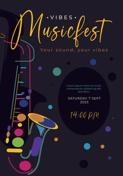 Retro style music festival poster featuring a saxophone. Flat template for a jazz or blues night party. Music background vector