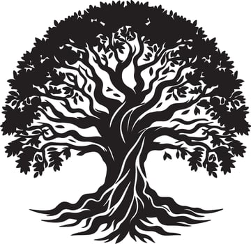The Majestic Black Tree of Life Roots Branches Leaves Silhouette vector