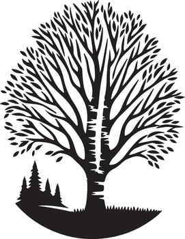a black and white silhouette of a tree with a birch tree vector