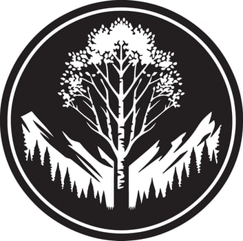 Majestic Tree in Mountain Landscape Black and White Emblem, vector