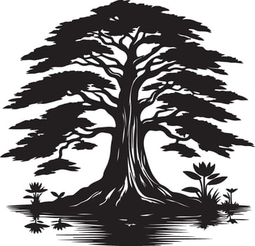 Majestic Oak Tree Silhouette Forest Landscape, vector