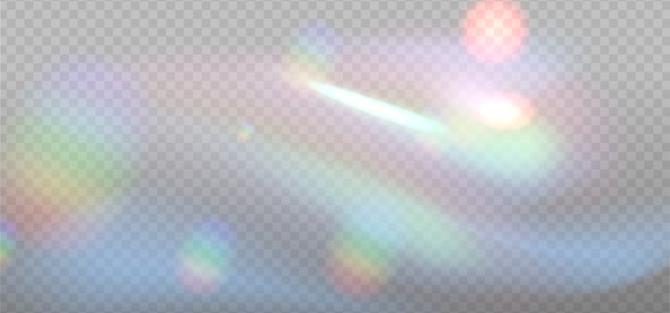 Iridescent crystal leak glare reflection effect. Optical wavy rainbow ray lights, glare, leak, streak overlay. colorful lenses and light flares with transparent effects on light background. vector