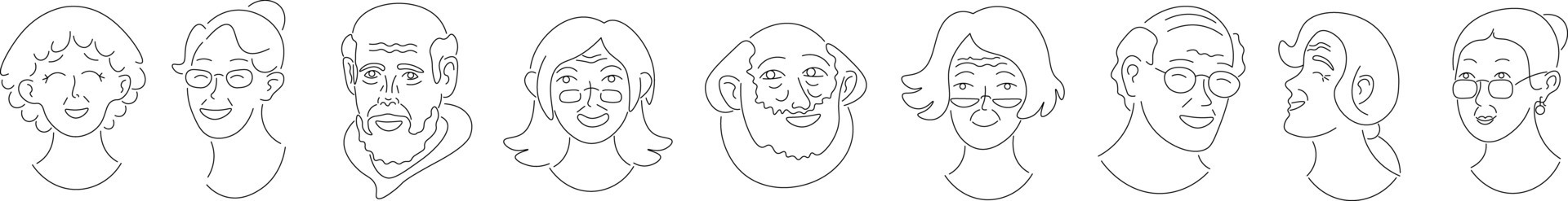 linear old people portraits set in doodle style vector