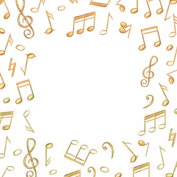 Yellow musical notes square border with empty space for text. Golden sound symbols watercolor illustration isolated background. Audio element frame for school design, invitation, greeting card vector