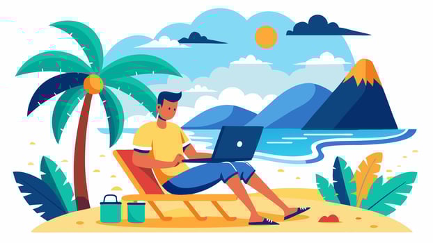 Man working on laptop on beach with palm trees and mountains vector