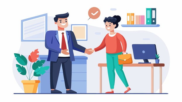 Businessman and woman shaking hands in office, illustration vector