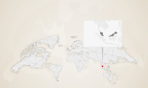 Map of Malaysia with neighbor countries pinned on world map. vector