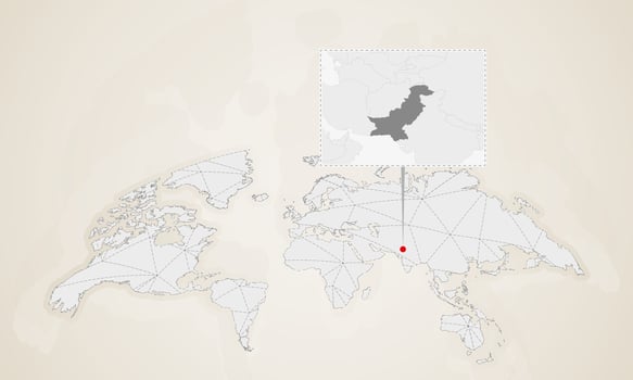 Map of Pakistan with neighbor countries pinned on world map. vector