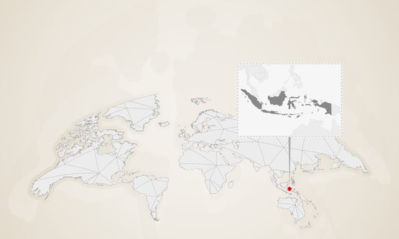 Map of Indonesia with neighbor countries pinned on world map. vector