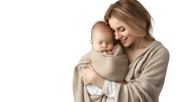 A tender moment of a mother holding her sleeping baby wrapped in a soft blanket symbolizing l png