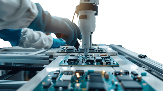 Automated Circuit Board Assembly with Robotic Arm and Technicians png
