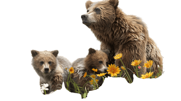 Brown Bear Family with Flowers in Meadow png