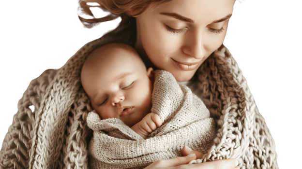 Closeup of a mother lovingly holding her sleeping newborn baby wrapped in a soft knit blanket png