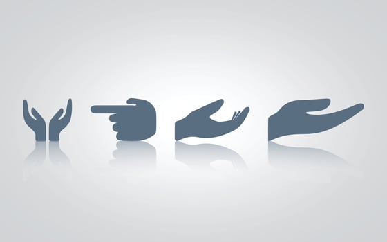 Hand gesture icons. pointer, begging, thumbs up, and thumbs down with grey color, with a silver background vector