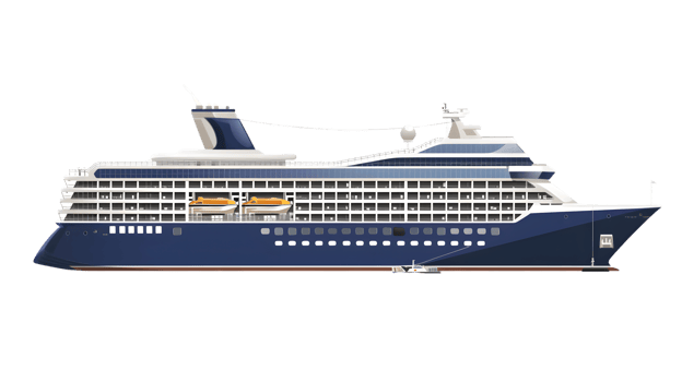 A luxurious cruise ship sailing on the open sea featuring multiple decks and amenities for a c png