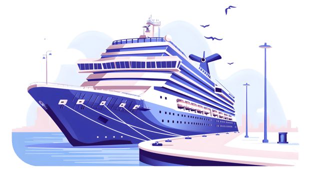 A luxurious cruise ship docked at a serene harbor surrounded by calm waters and seagulls in fl png