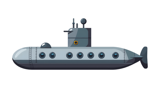 A sleek submarine design with detailed features perfect for maritime and underwater themes png