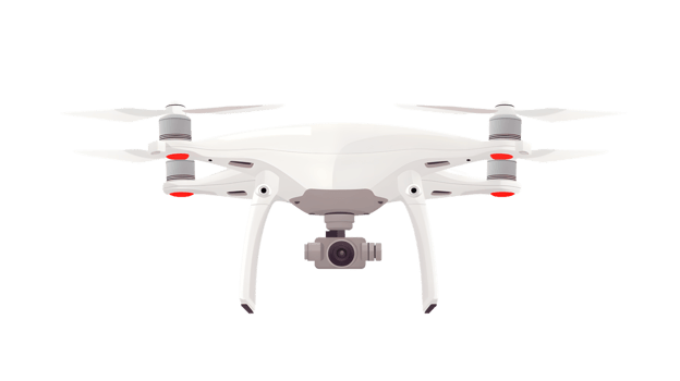 A sleek white drone with a mounted camera ready for aerial photography and videography png
