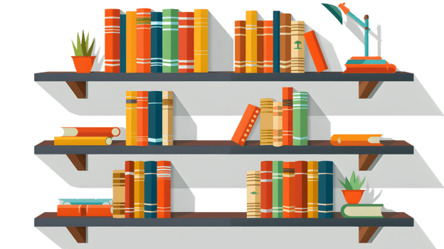 A vibrant bookshelf filled with colorful books plants and a desk lamp for study or library se png