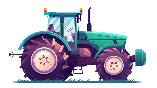 A vibrant tractor in a field showcasing agricultural machinery with large wheels and detailed png