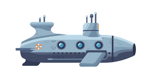 Cartoon Submarine Illustration with Detailed Features and Oceanic Elements for Various Design P png