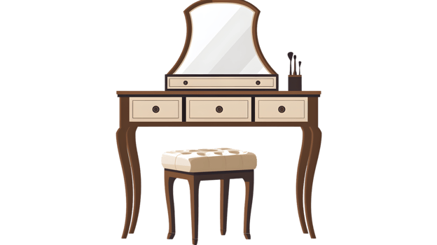 Elegant Vanity Table with Mirror and Stool for Beauty and Makeup Settings png