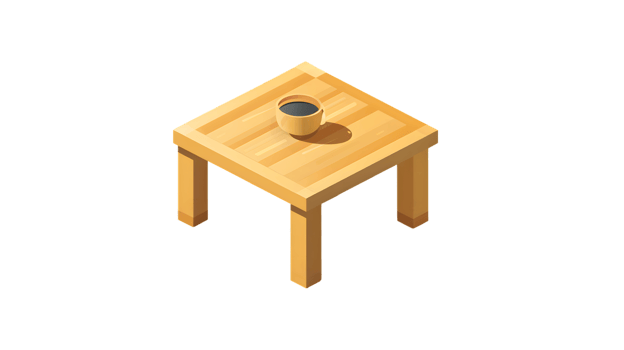 Minimalist Wooden Table with Ceramic Bowl Isometric Design for Modern Interiors Home Decor png